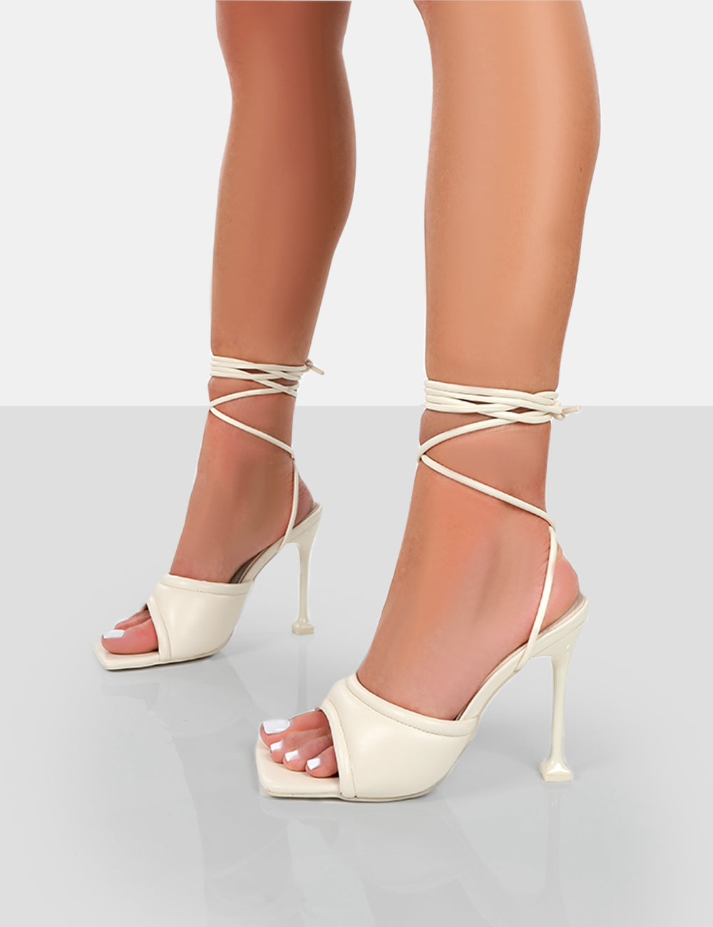 Gracie Ecru Pu Square Peep Toe Lace Up Stiletto Heels