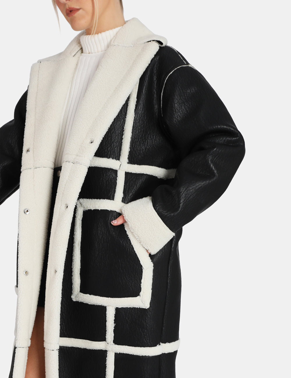 Borg Trimmed Longline Aviator Coat Black and White