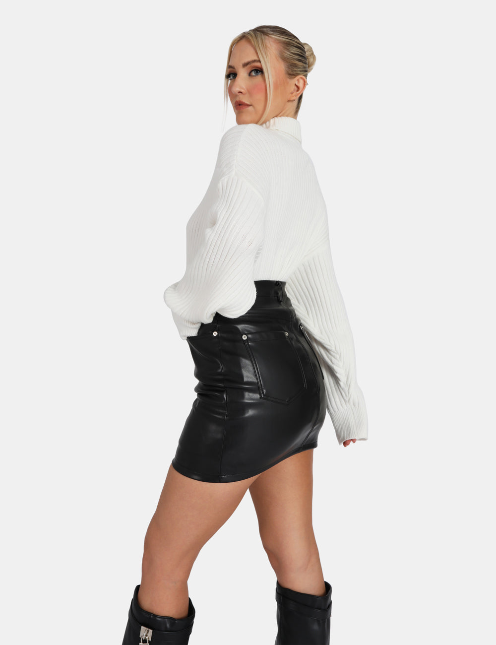 Button Waist Pu Mini Skirt Black