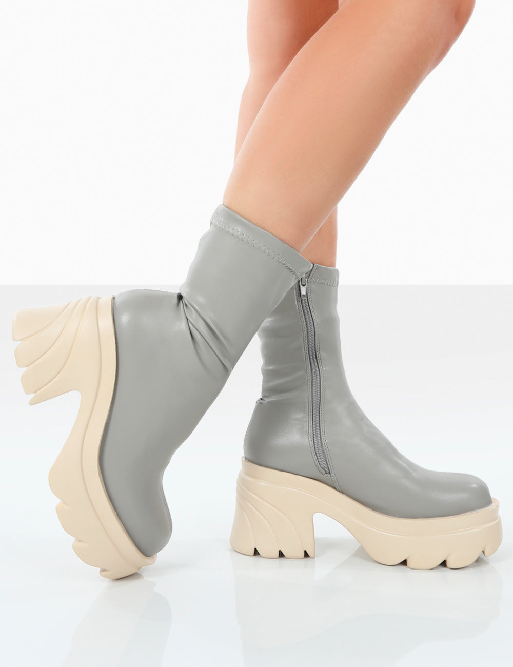 Jennie Grey Pu Platform Chunky Sole Heeled Ankle Boots