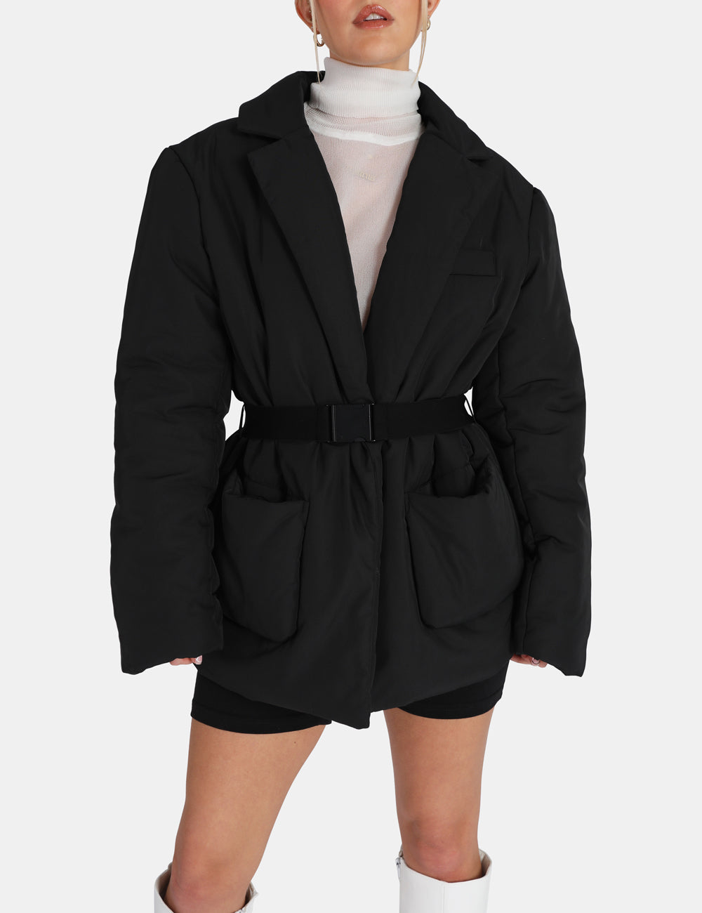 Belted Puffer Blazer Black