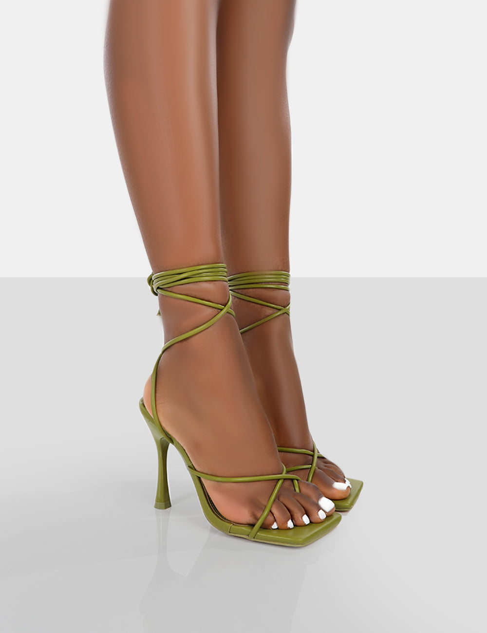 Imogen Olive Croc Square Toe Strappy Lace Up Heels