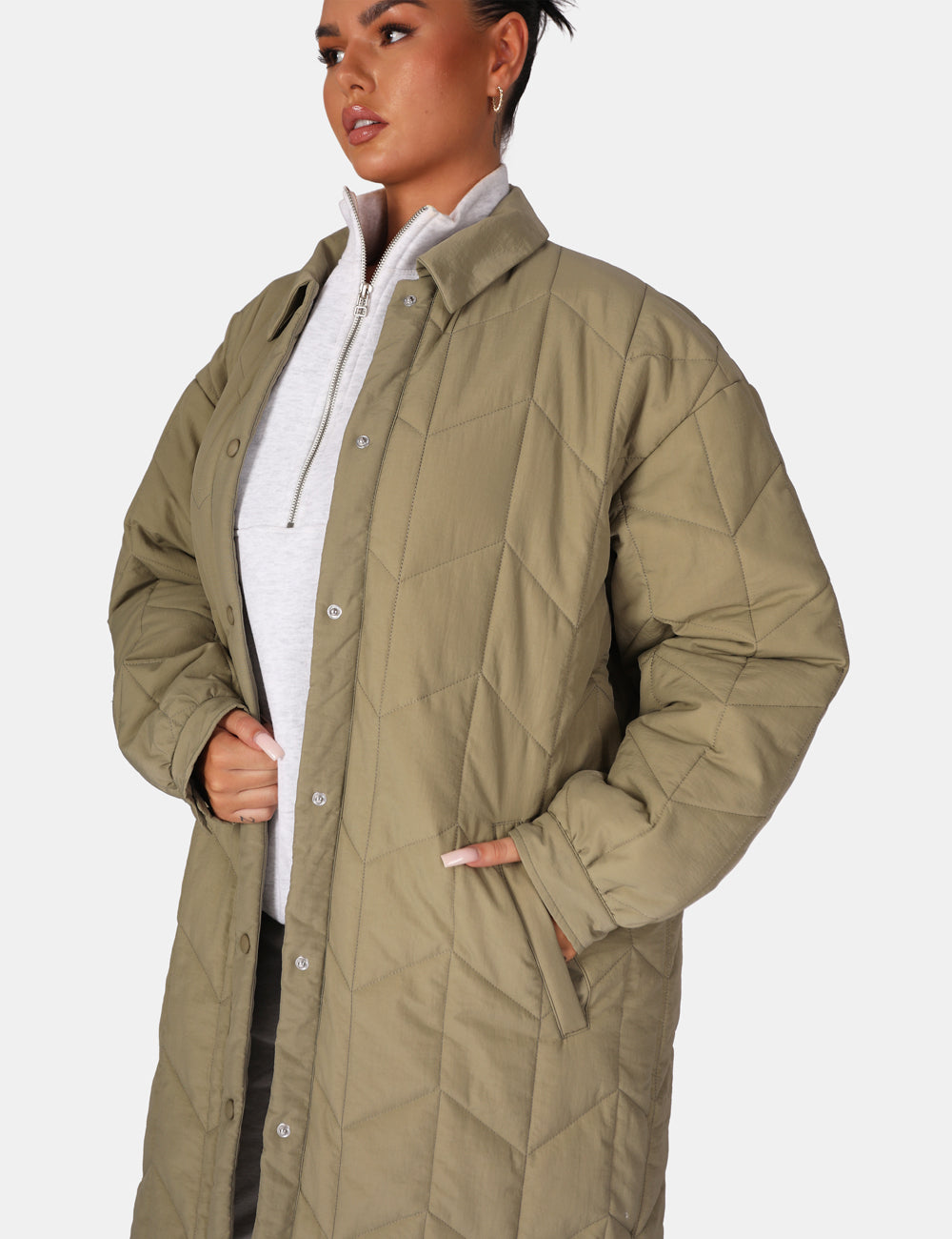 Chevron Quilted Longline Jacket Khaki