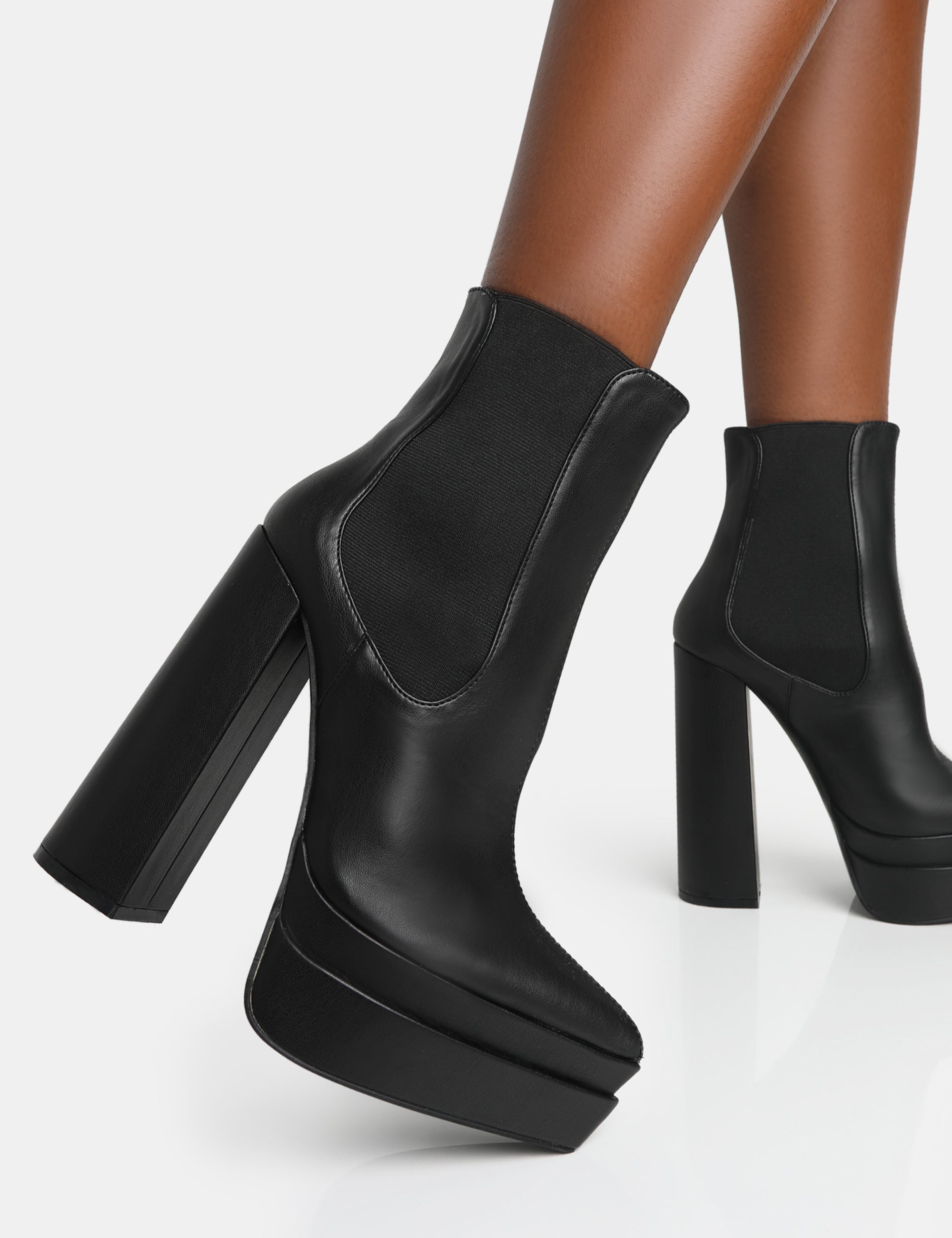 Cady Black Pu Platform Pointed Toe Block Heel Ankle Boots