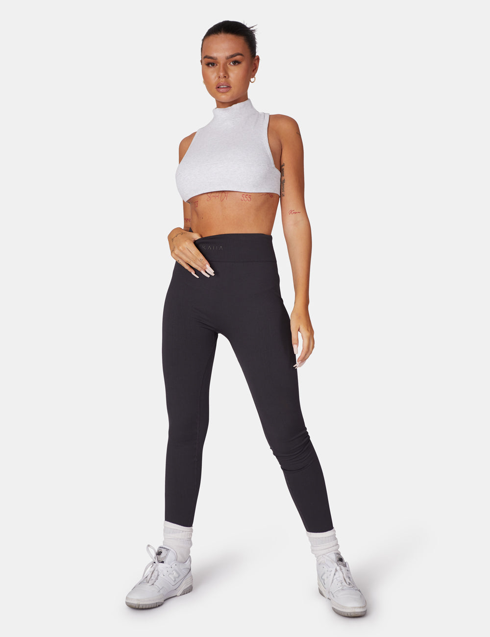 High Neck Racer Low Side Rib Crop Top Oatmeal Marl