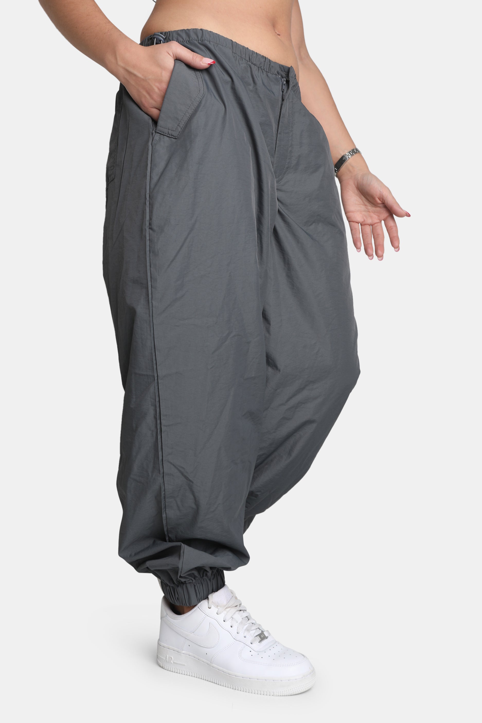 Drawstring Waist Parachute Cargo Trousers Grey