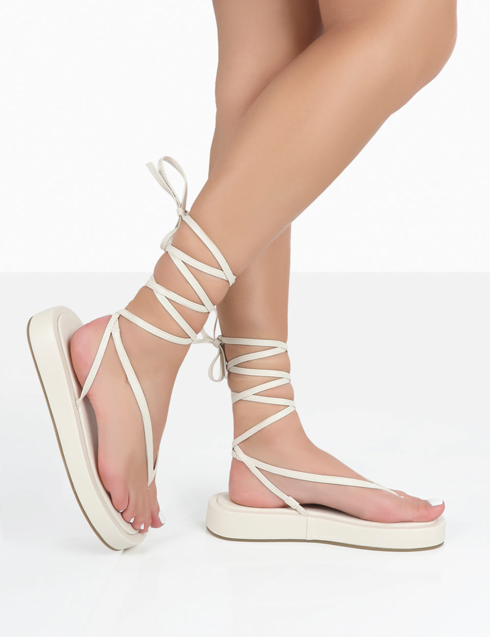 Beach Babe Ecru Lace Up Toe Thong Flatform Sandals