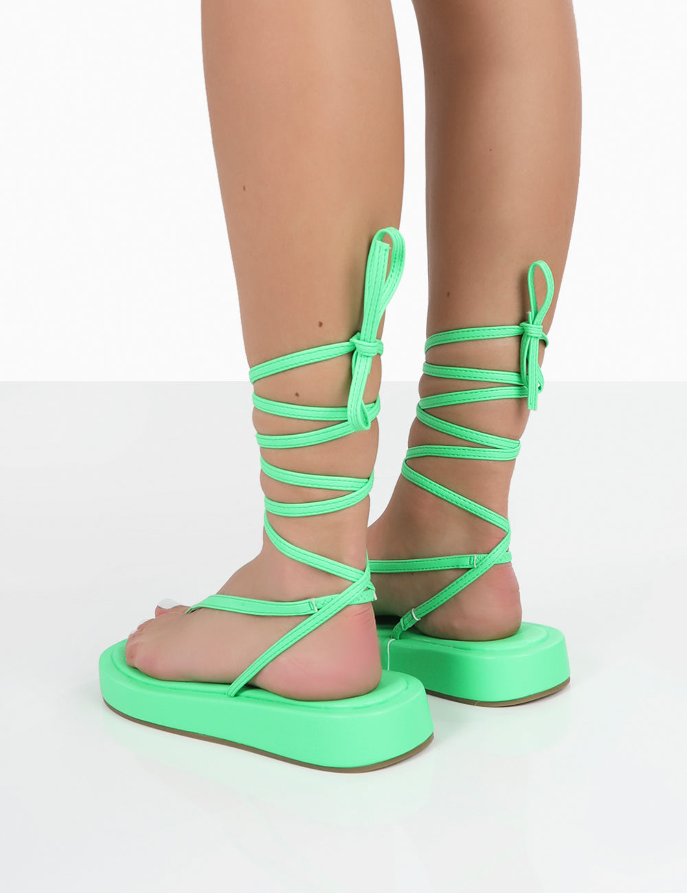 Beach Babe Green Lace Up Toe Thong Flatform Sandals