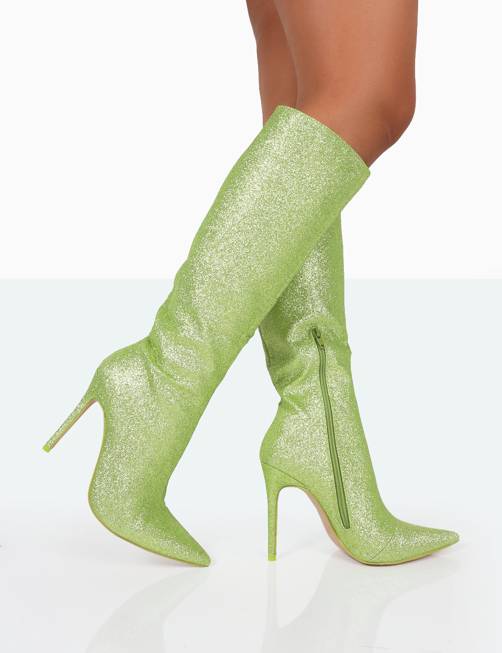 Diva Lime Glitter Pointed Toe Stiletto Knee High Boots