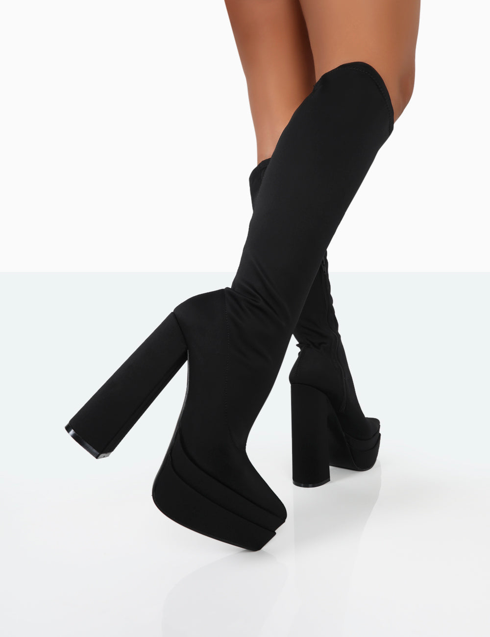 End Game Black Lycra Platform Pointed Toe Block Heel Knee High Boots