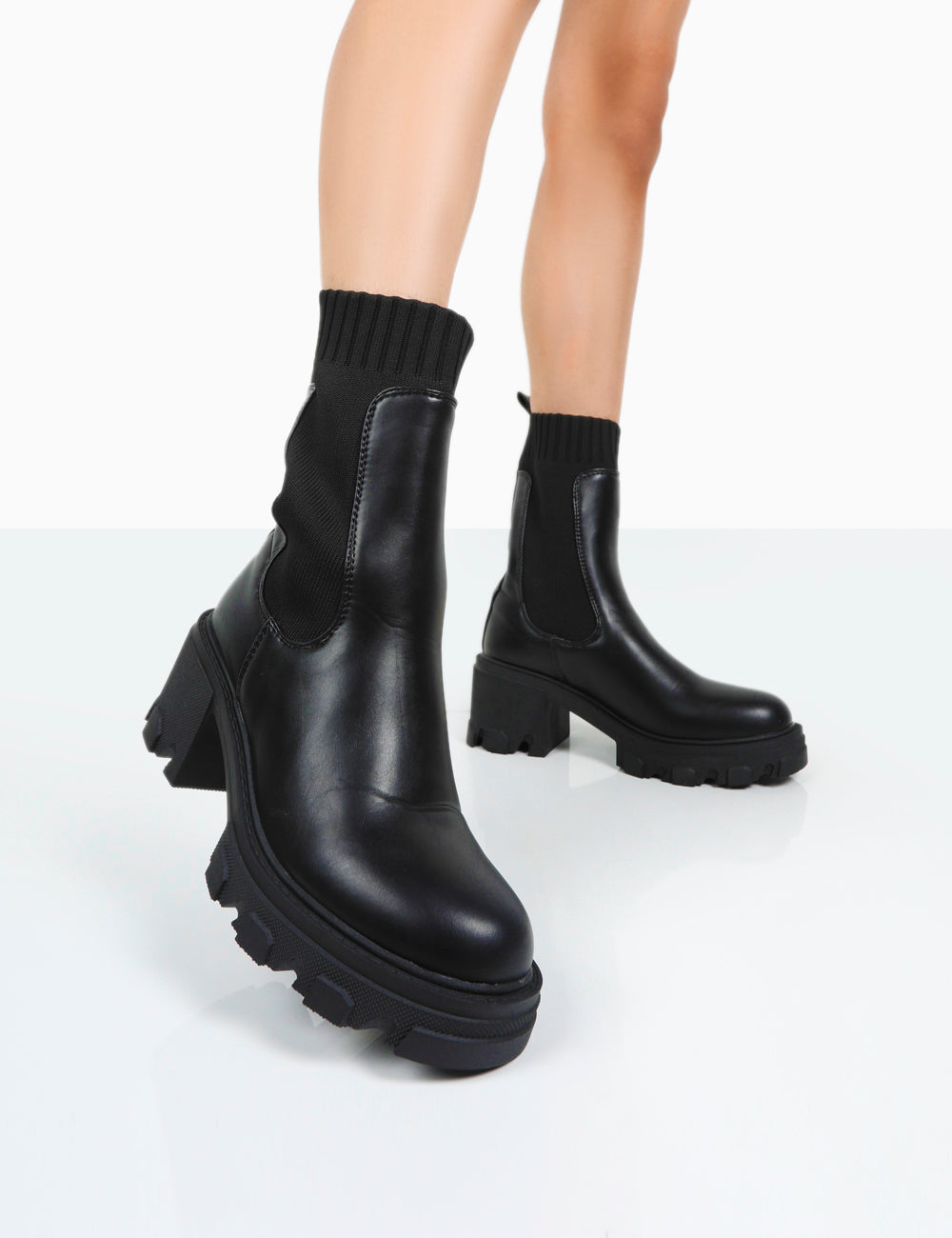 Everdeen Black PU And Knit Chunky Heeled Platform Sock Ankle Boots