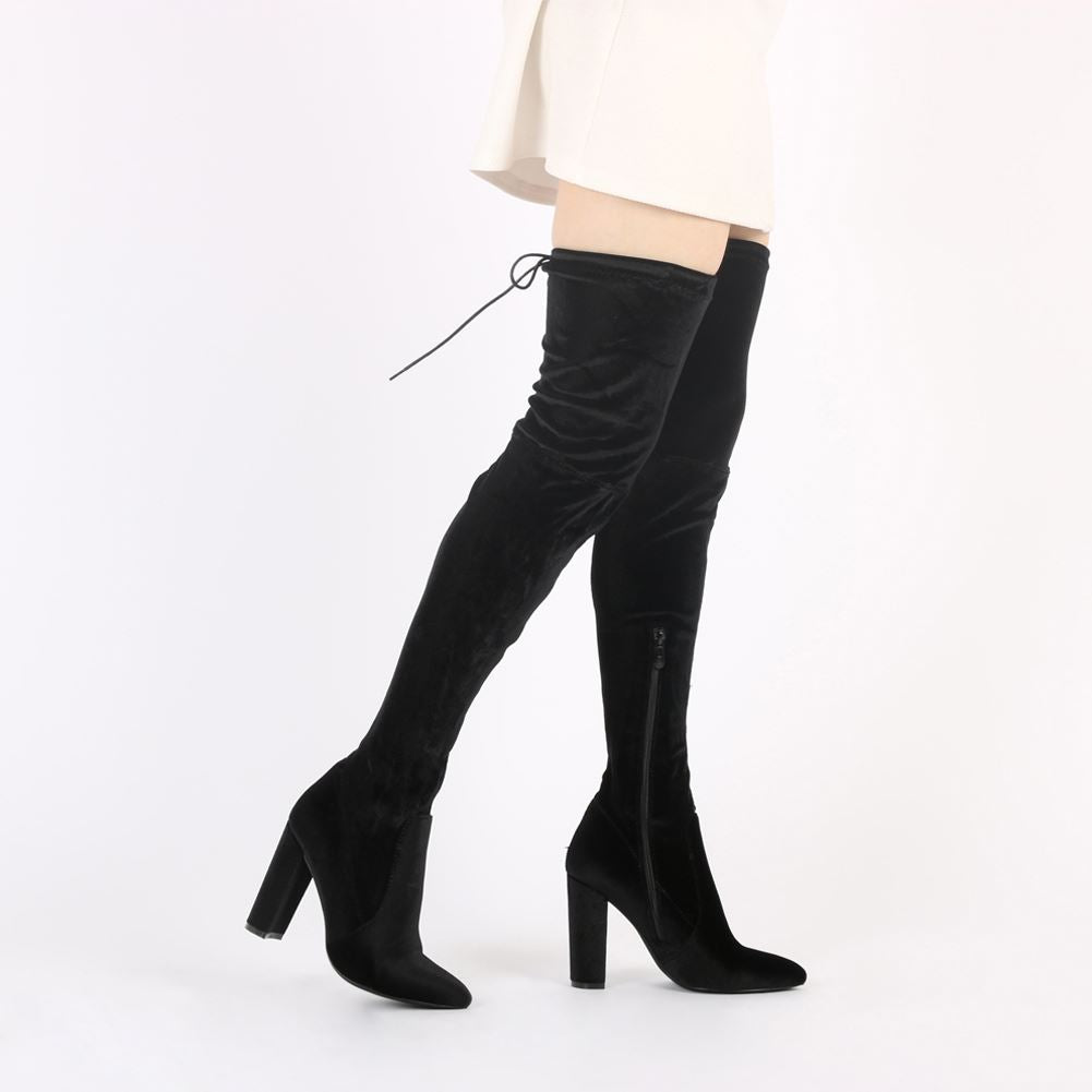 Annie Velvet Over The Knee Boots in Black