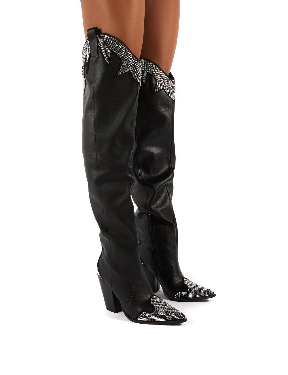 Brandy Black Diamante Western Block Heeled Knee High Boots