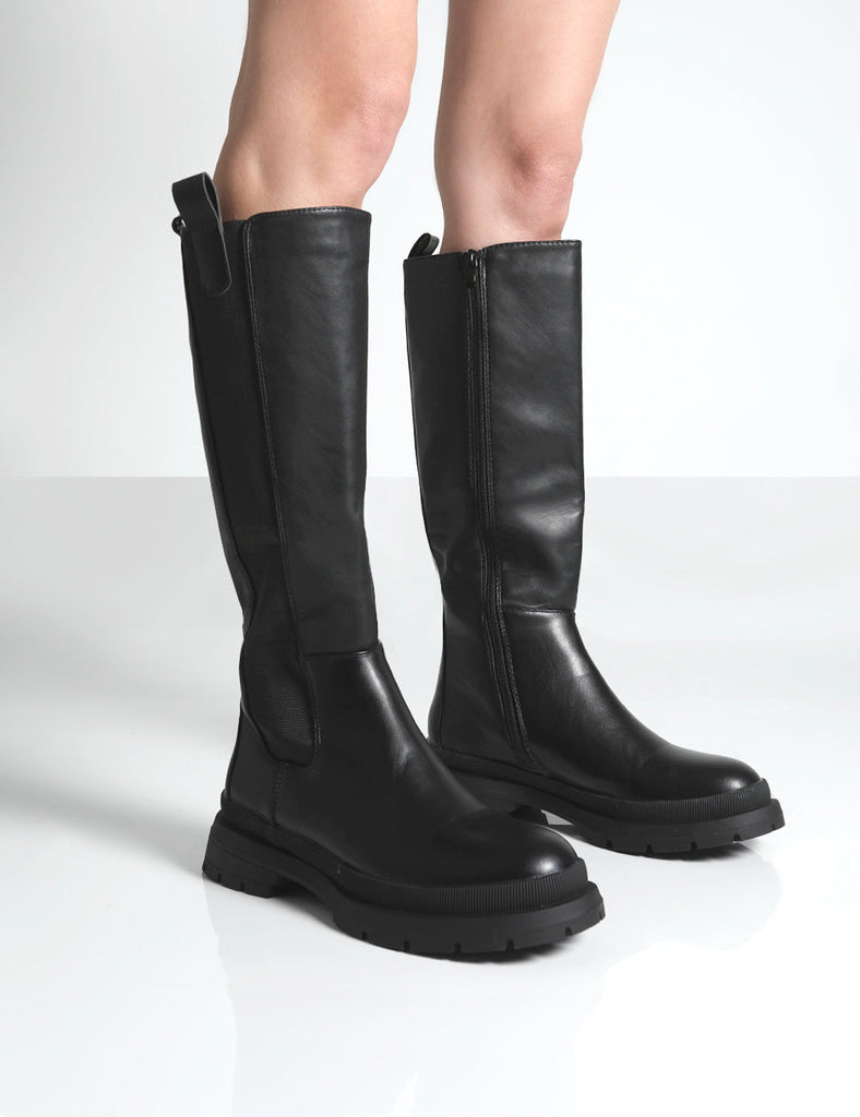 Balya Black Pu Pointed Toe Knee High Boots | Public Desire