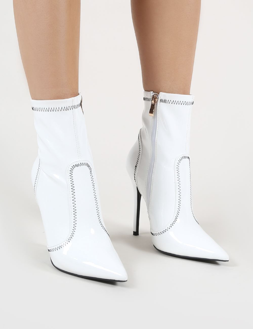 Hotness Sock Fit Ankle Boots in White Patent