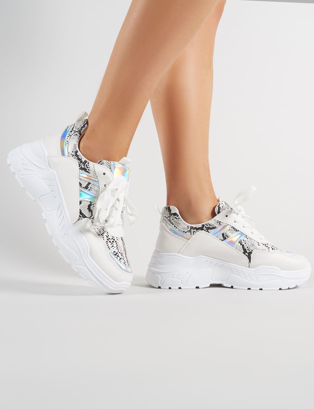 Burn Chunky Trainers in White and Snakeskin