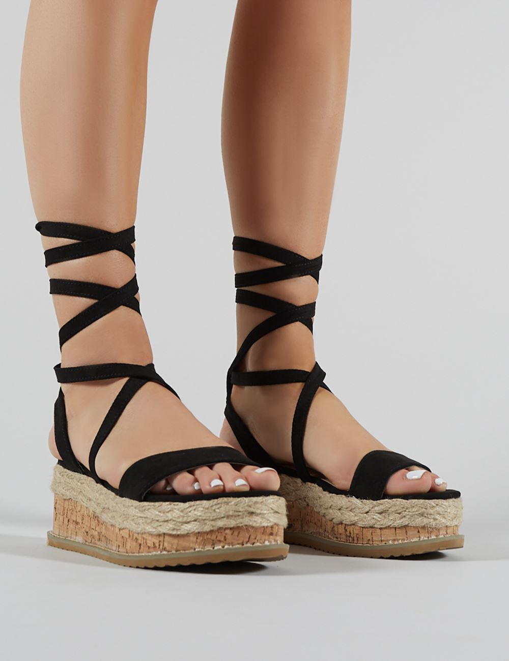 Fresca Lace up Gladiator Sandal in Black Faux Suede