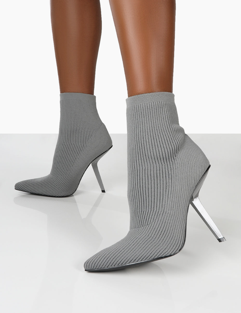 Chantelle Grey Pointed Toe Stiletto Heel Sock Boots