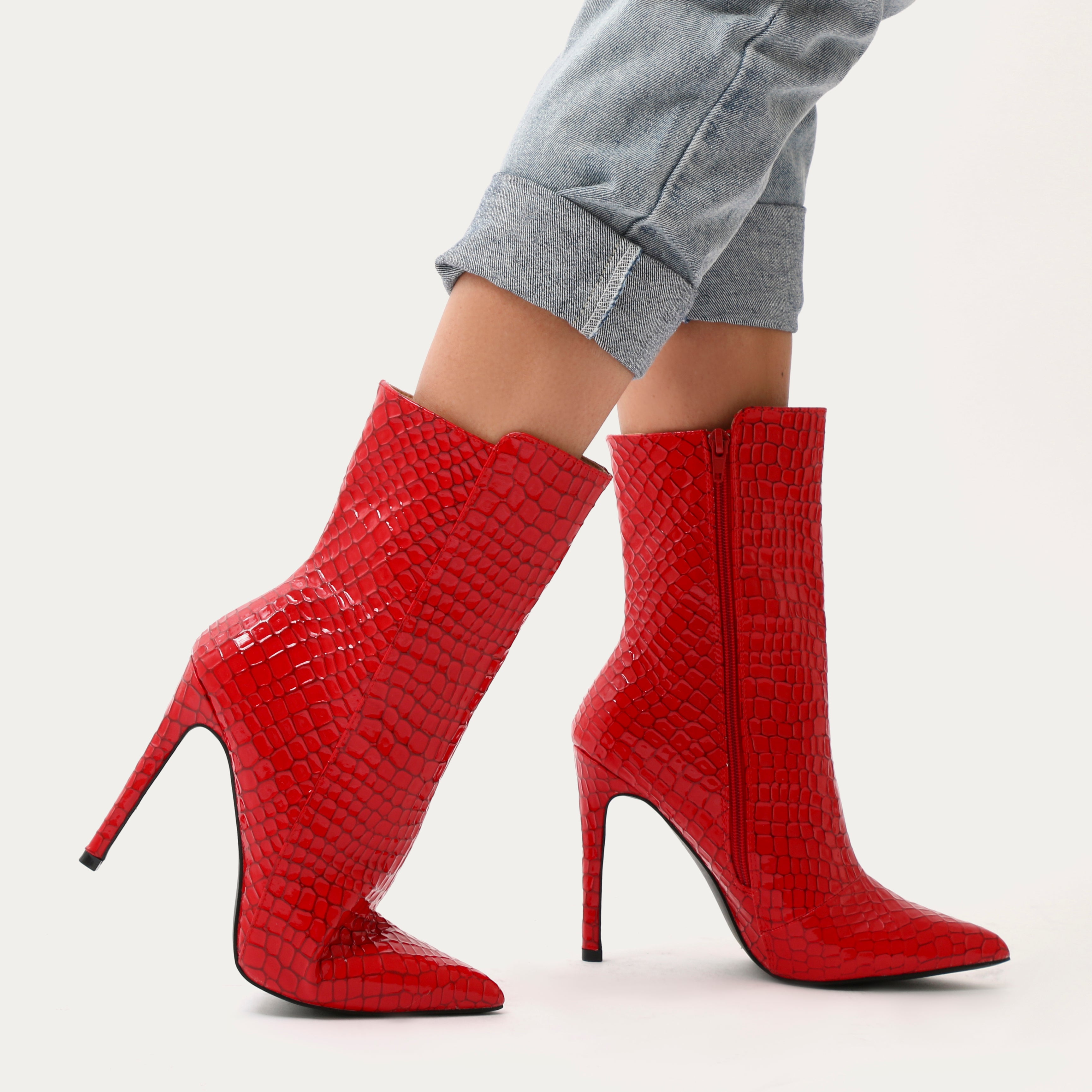 Chile Asymmetric Pointed Toe Ankle Boots in Red Faux Snake