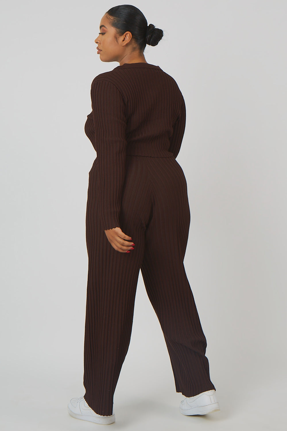 Curve Ribbed Knitted Wide Leg Trousers Chocolate