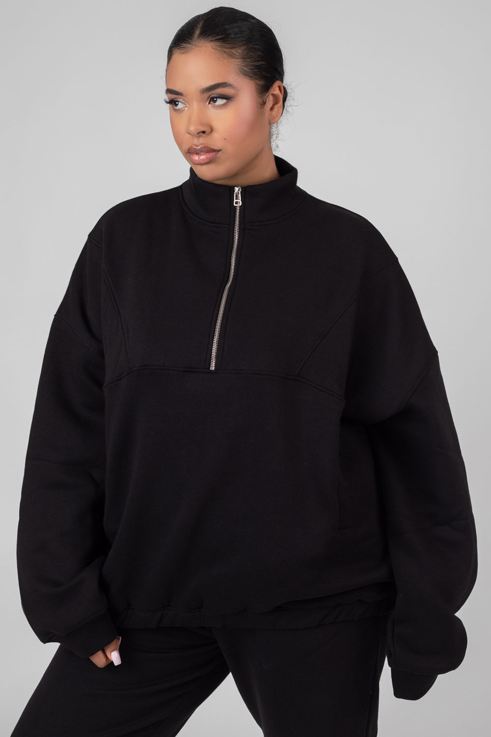 Curve Oversized Half Zip Pullover Pocket Front Sweatshirt Black