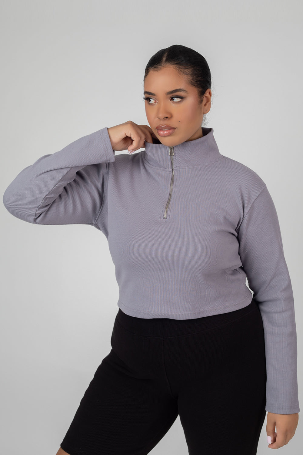 Curve High Neck Half Zip Pullover Top Grey Acid Wash