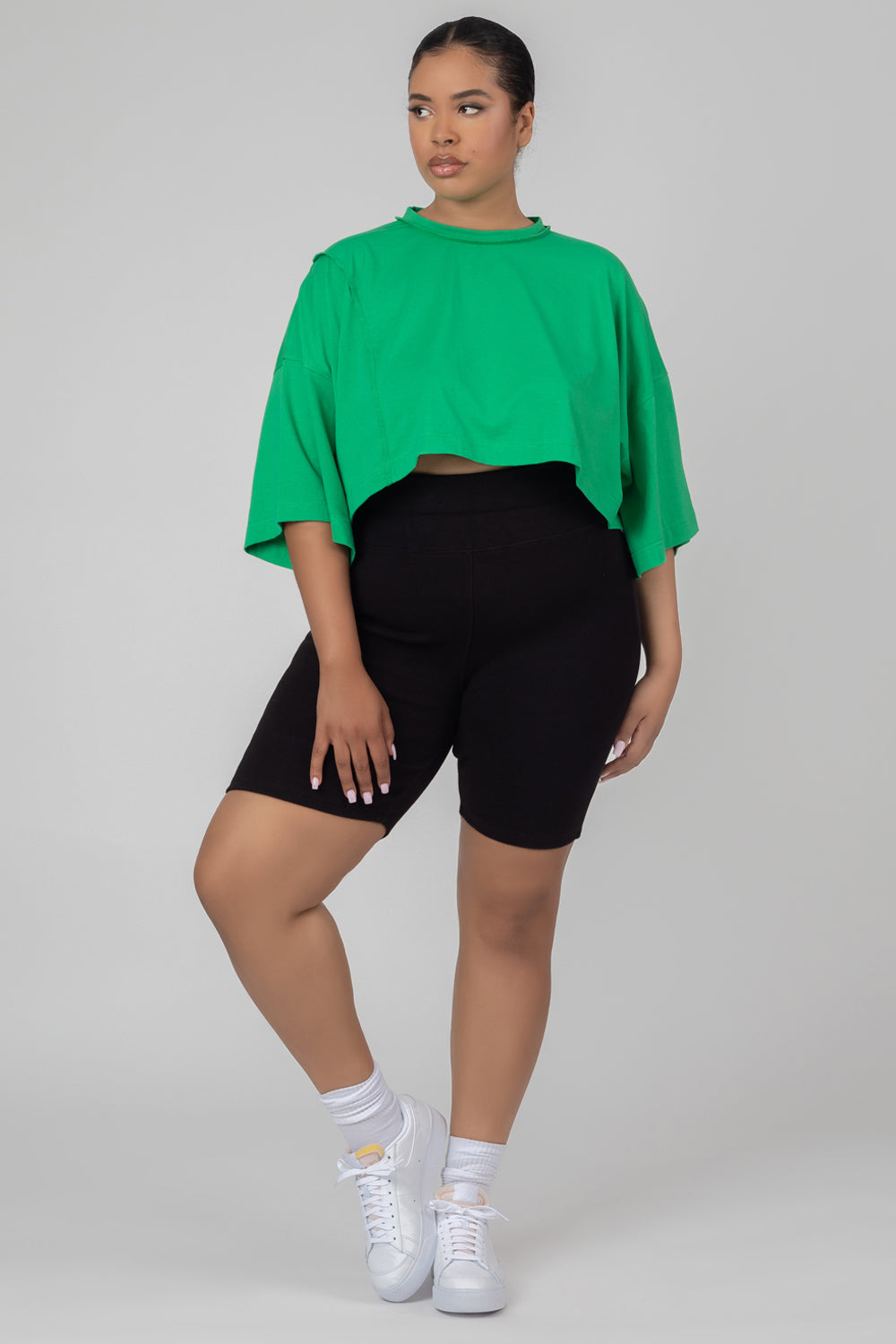 Curve Exposed Seam Oversized Cropped T Shirt Green