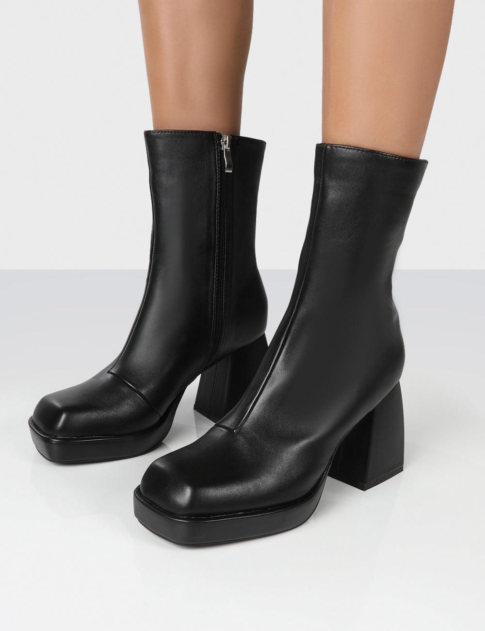 Clover Black Pu Platform Chunky Heel Ankle Boots