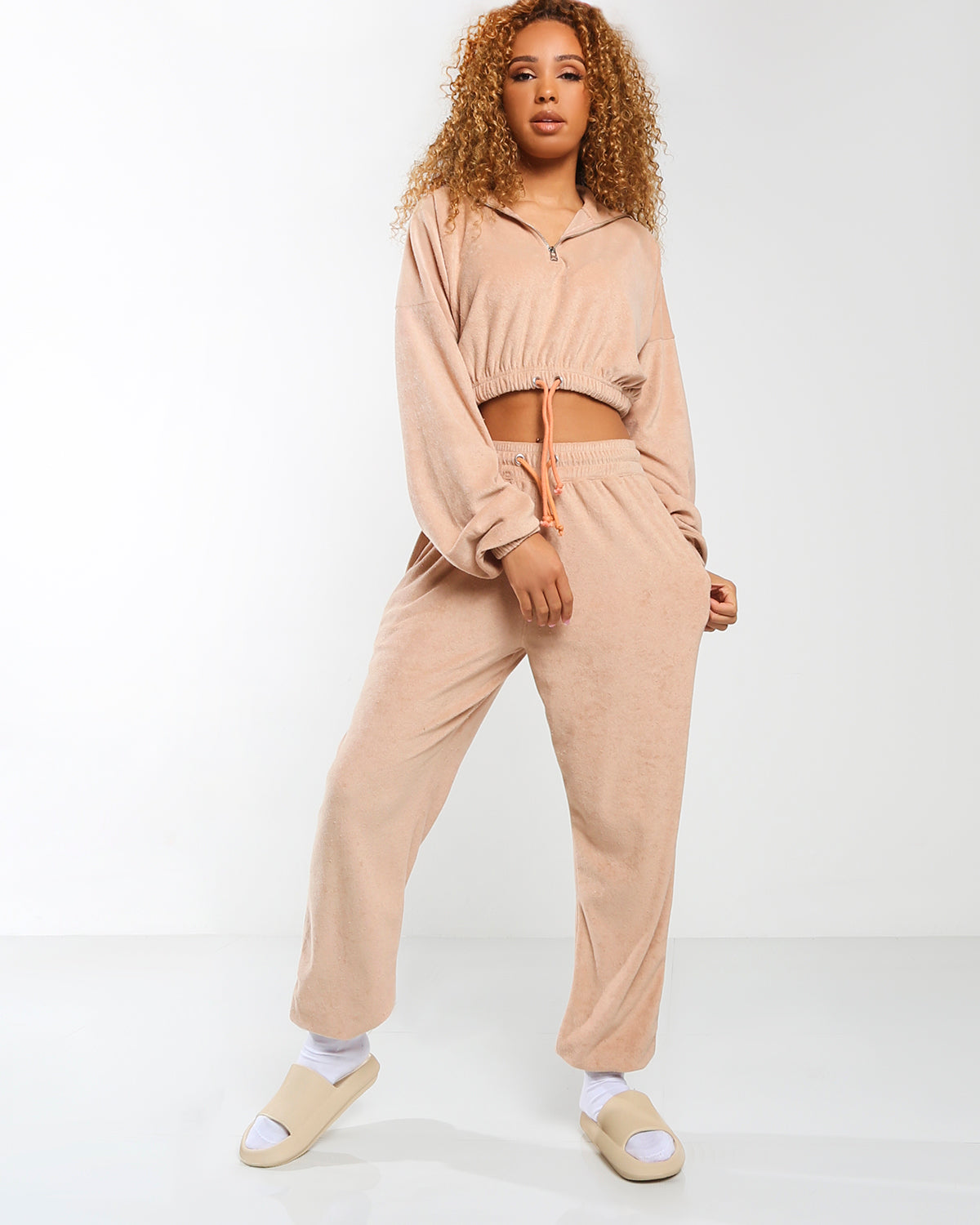 Amber x Public Desire super soft towelling jogger co-ord beige