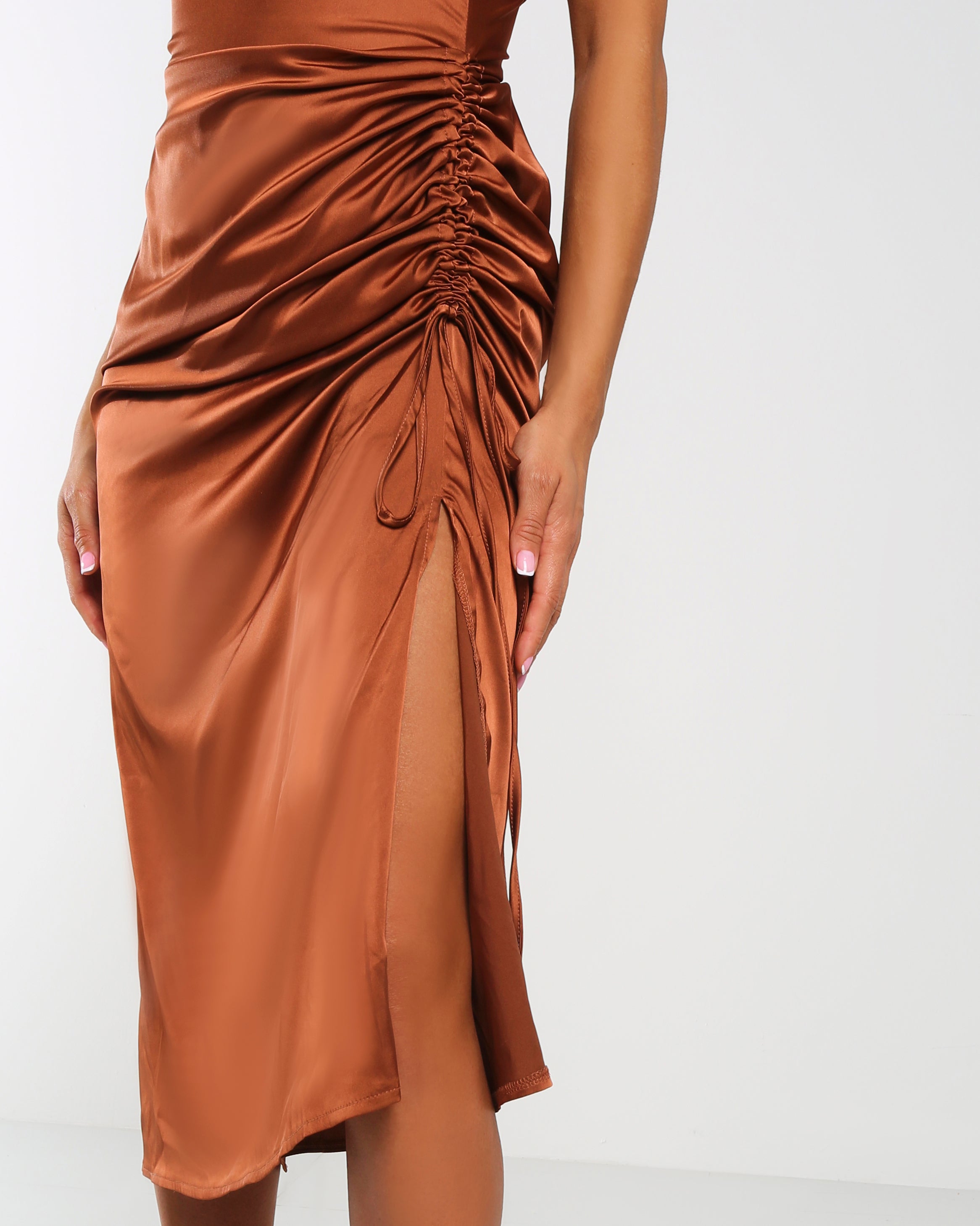 Amber x Public Desire cowl front midi dress in satin chocolate