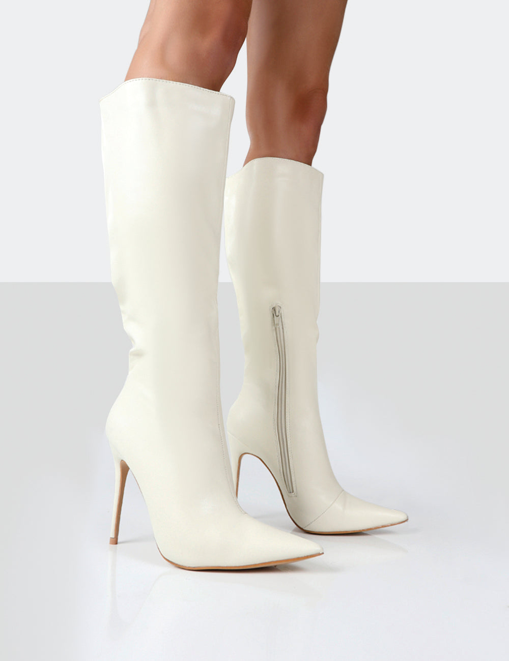 Horizon Ecru PU Stiletto Knee High Boots