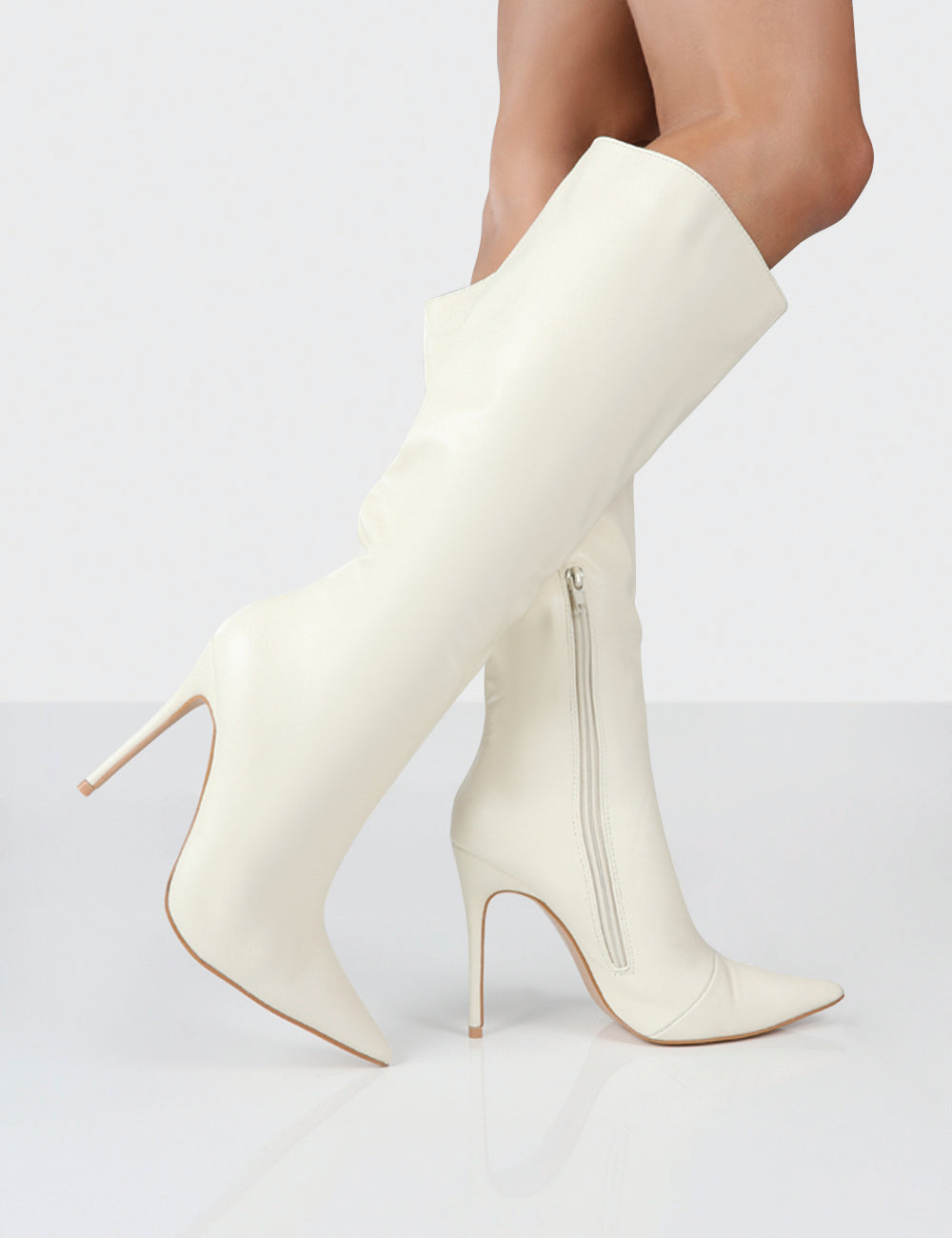 Horizon Ecru PU Stiletto Knee High Boots