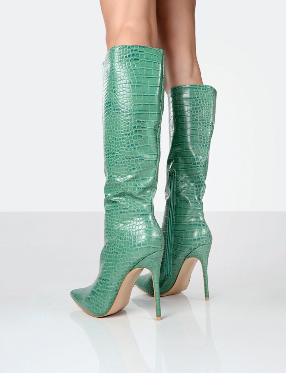 Horizon Green Croc PU Knee High Boots