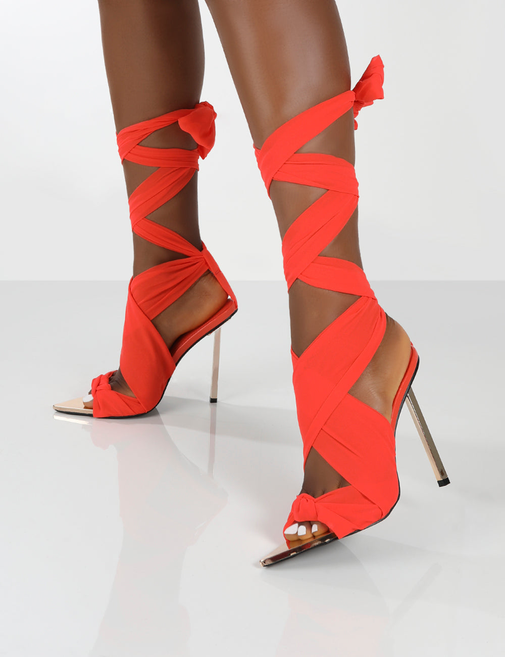 Huni Red Ribbon Tie Up Gold Stiletto Heels