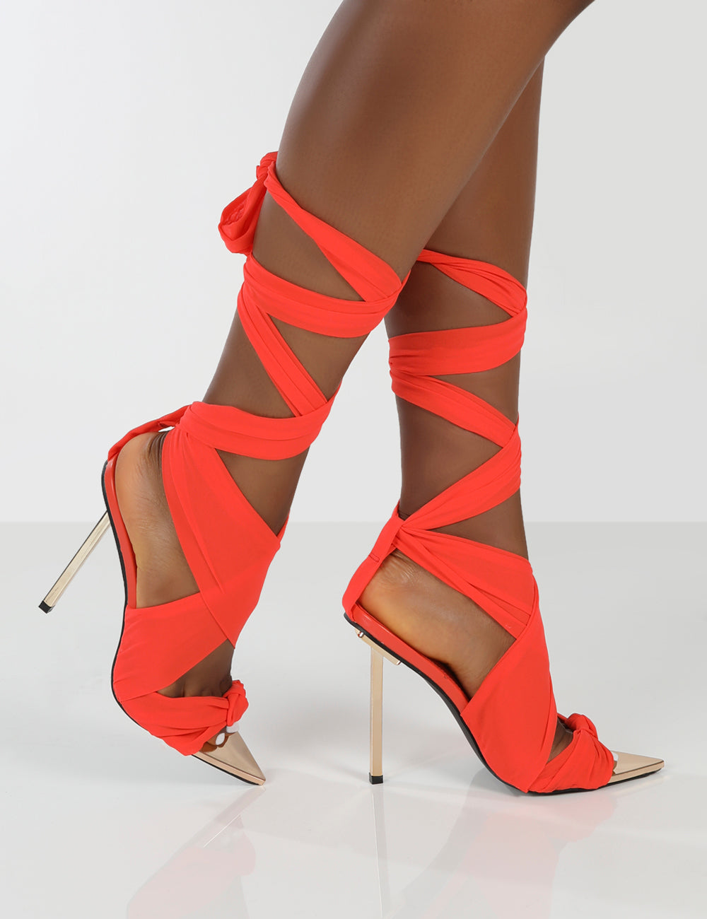 Huni Red Ribbon Tie Up Gold Stiletto Heels