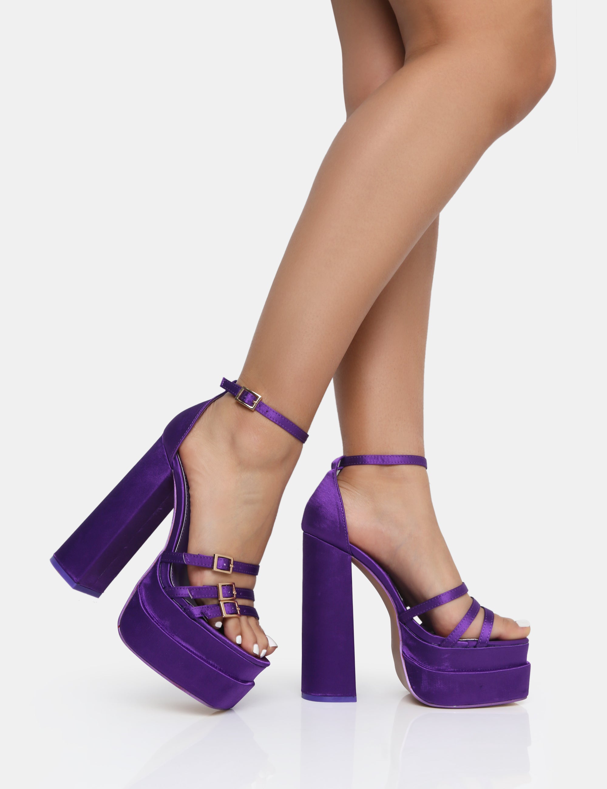 Enya Purple Satin Strappy Buckle Square Toe Platform Block Heels