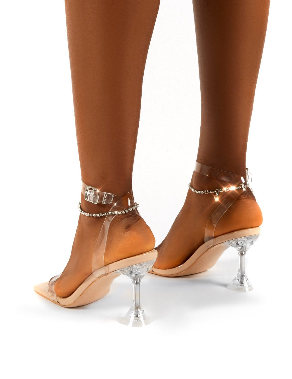 April Nude Clear Perspex Diamante Ankle Chain Square Toe Heels