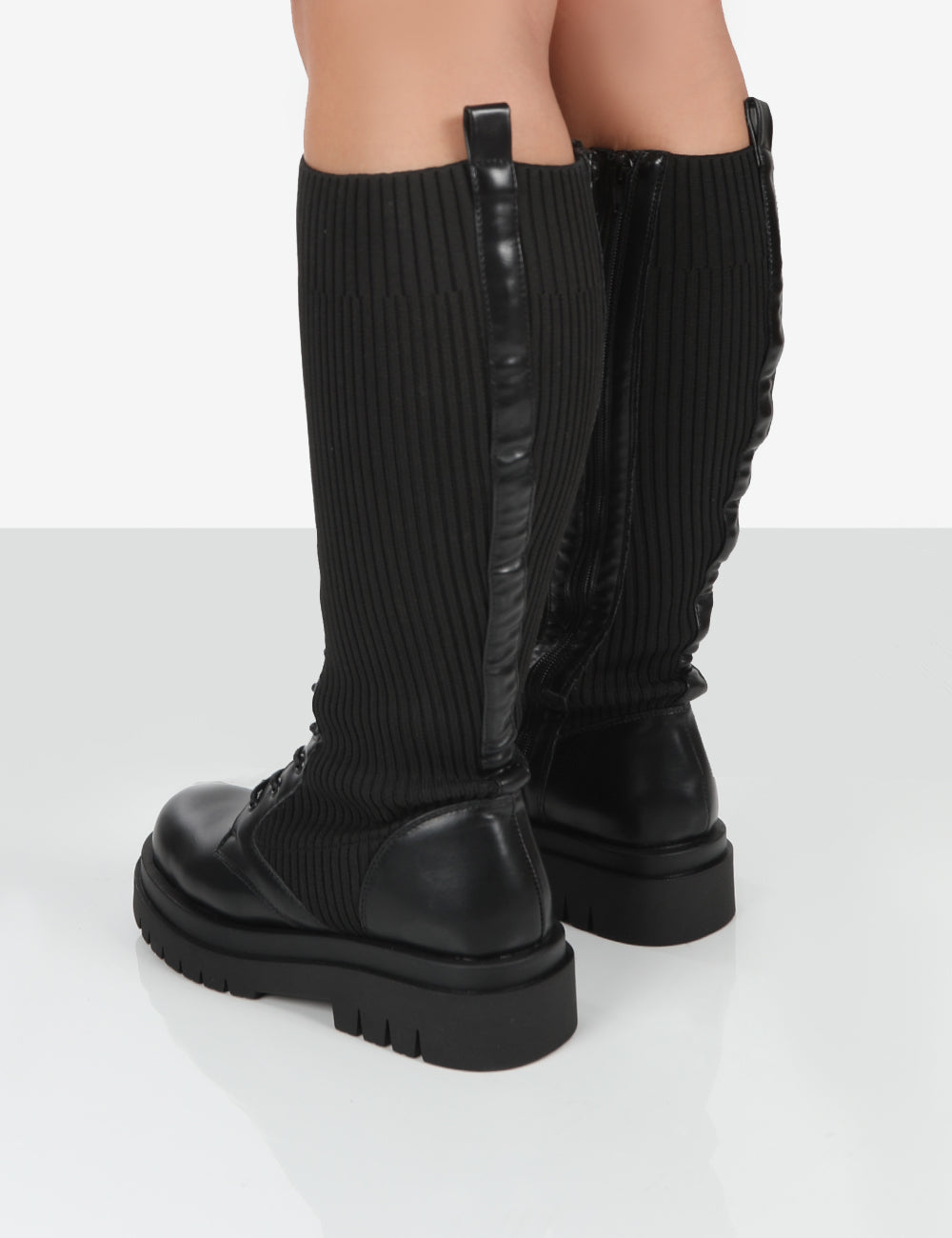 Joslyn Black Knee High Chunky Lace Up Boots