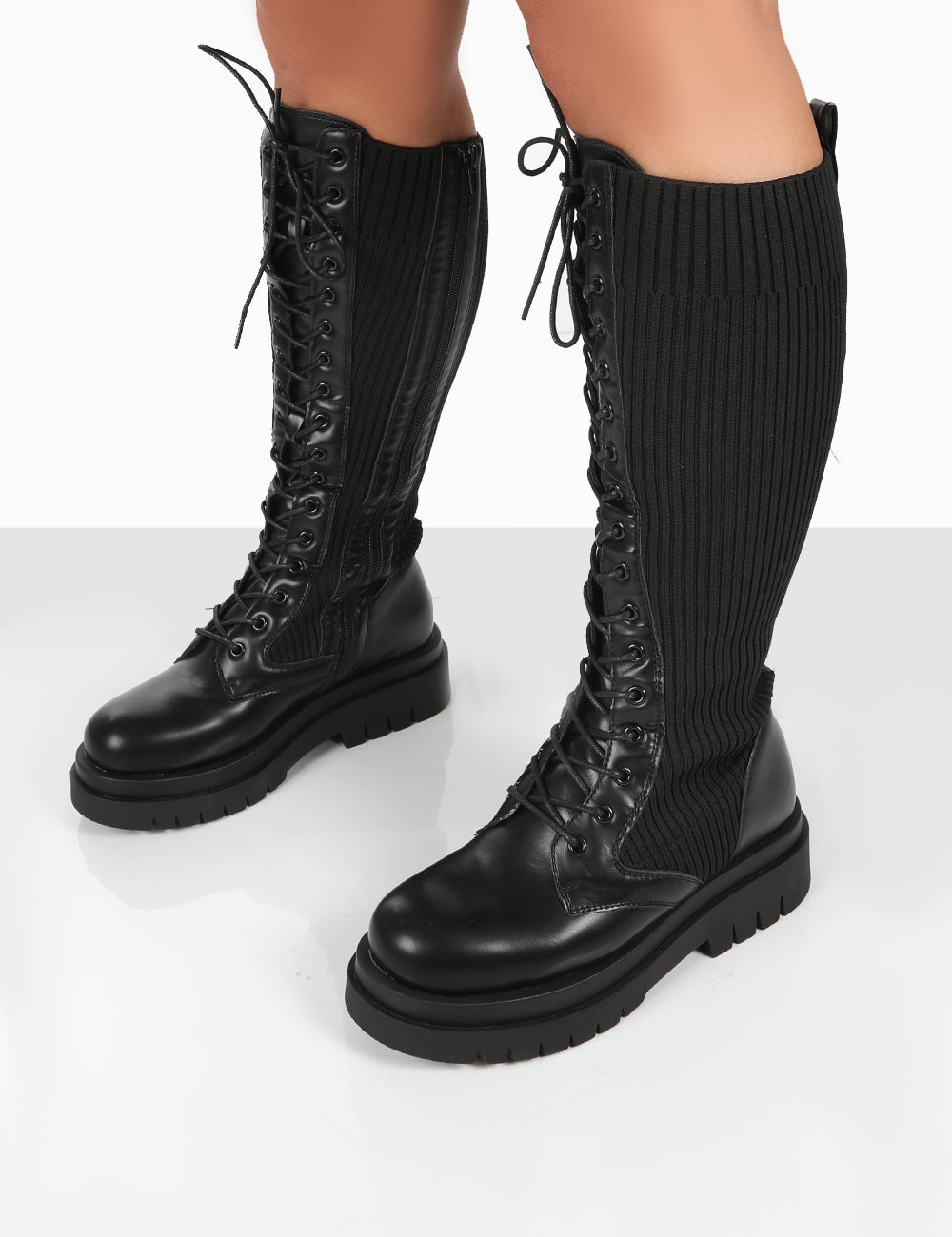 Joslyn Black Knee High Chunky Lace Up Boots