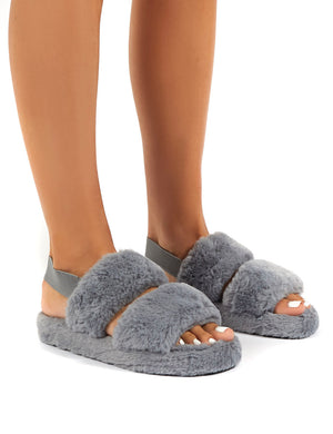 grey fluffy sandals