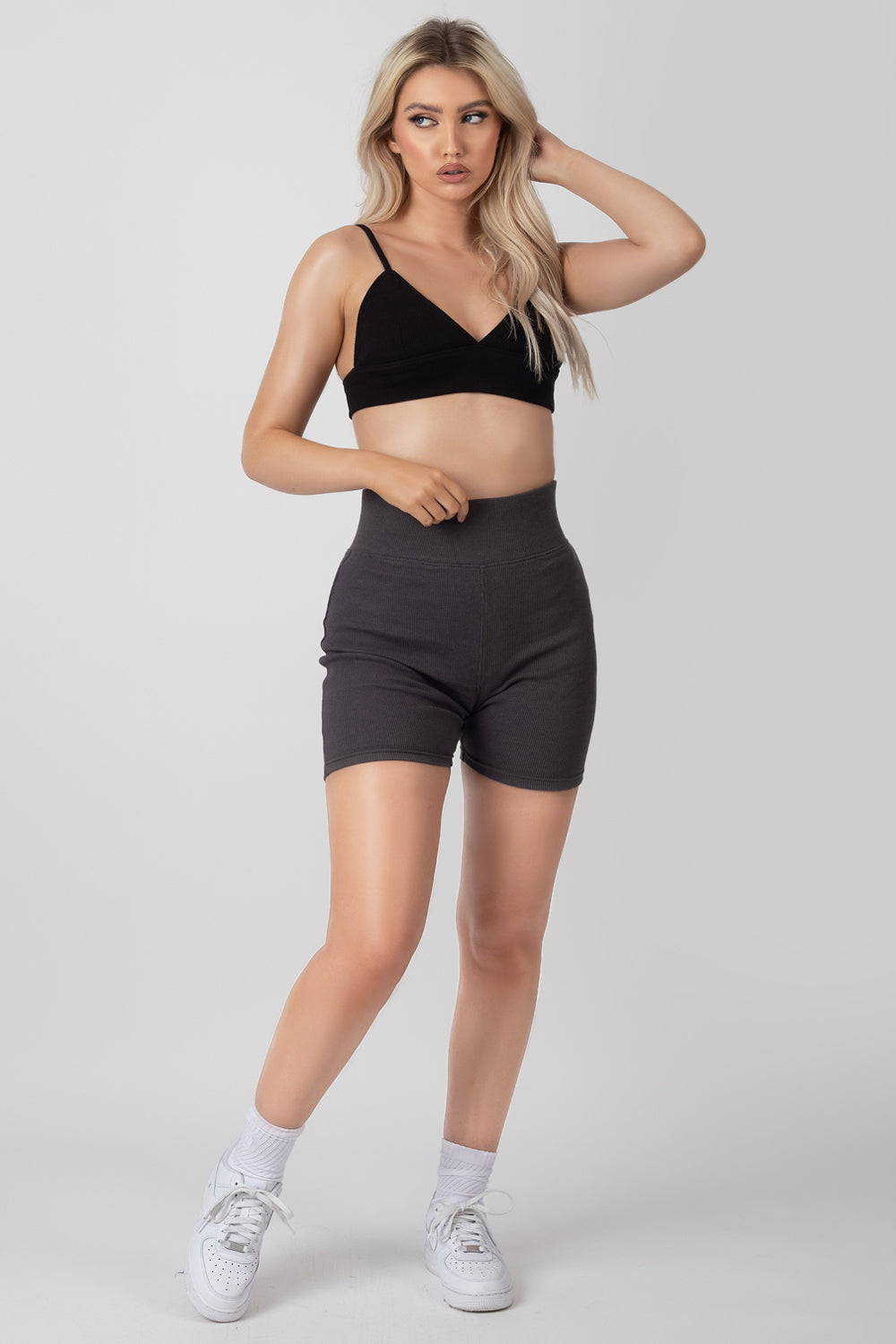 High Waisted Rib Cycling Shorts Dark Grey