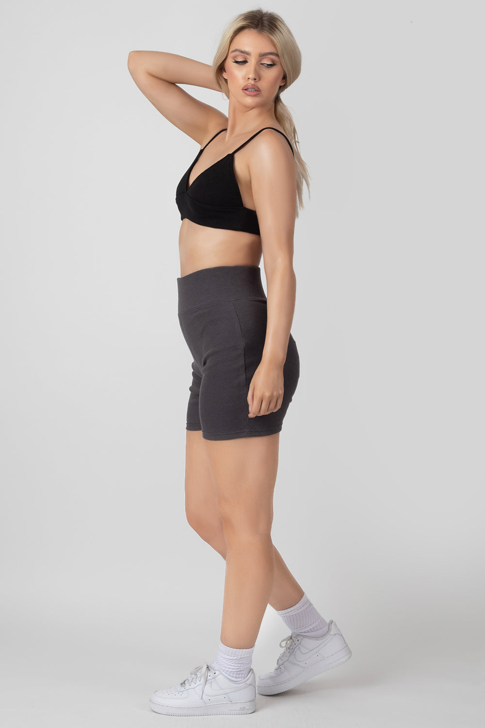 High Waisted Rib Cycling Shorts Dark Grey