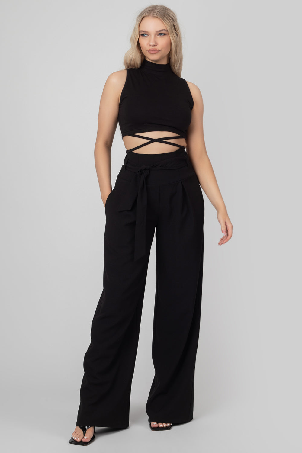 High Neck Strappy Waist Crop Top Black