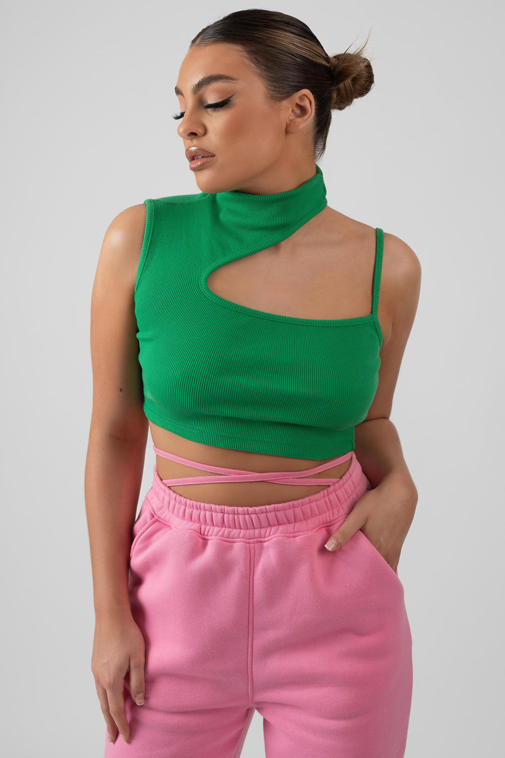 High Neck Cut Out Strappy Bralet Green