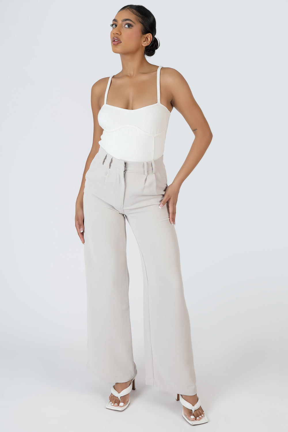 High Waist Wideleg Tailored Trouser Stone