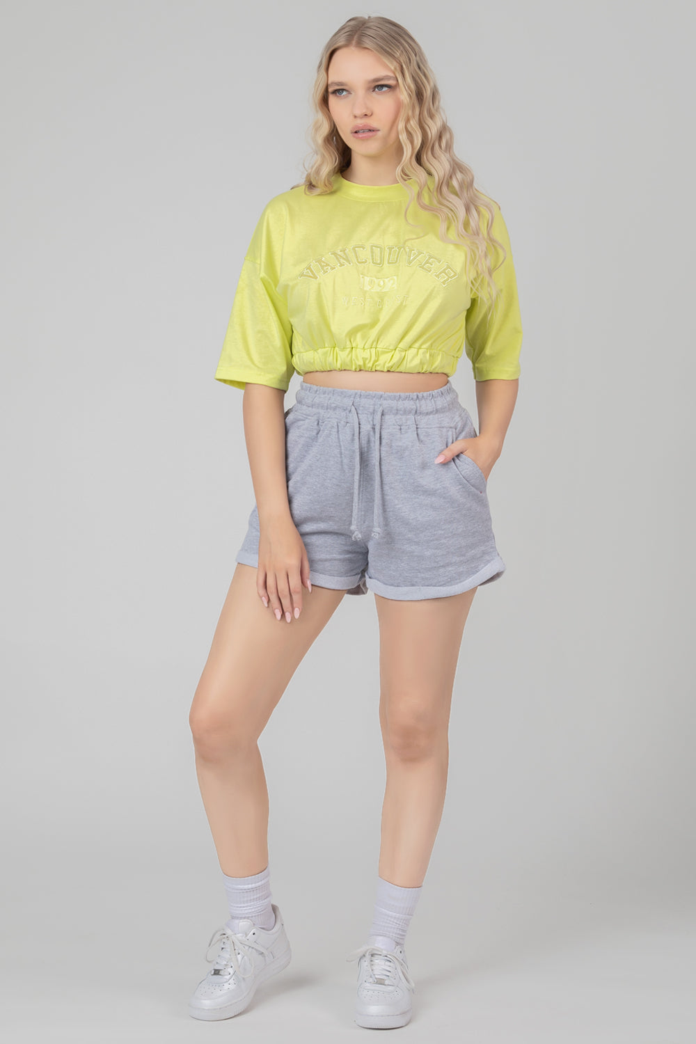 Elasticated Hem Tonal Embroidered T-Shirt Lime