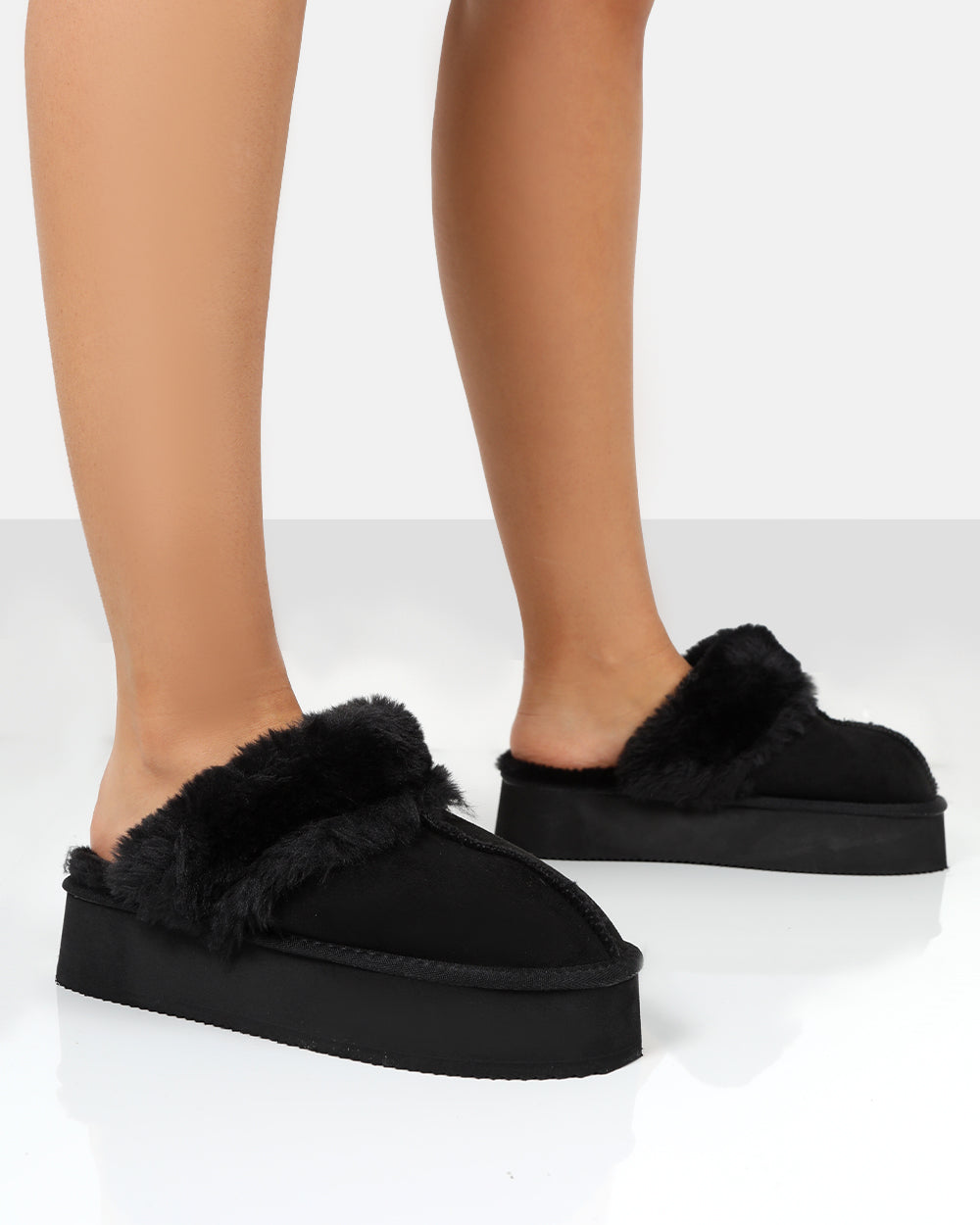 Cosy Black Faux Suede Platform Slider Slipper