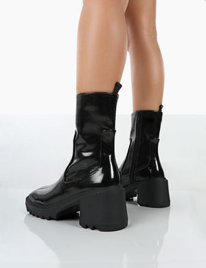 Sway Black PU Heeled Wellies Platform Chunky Sole Block Ankle Boots