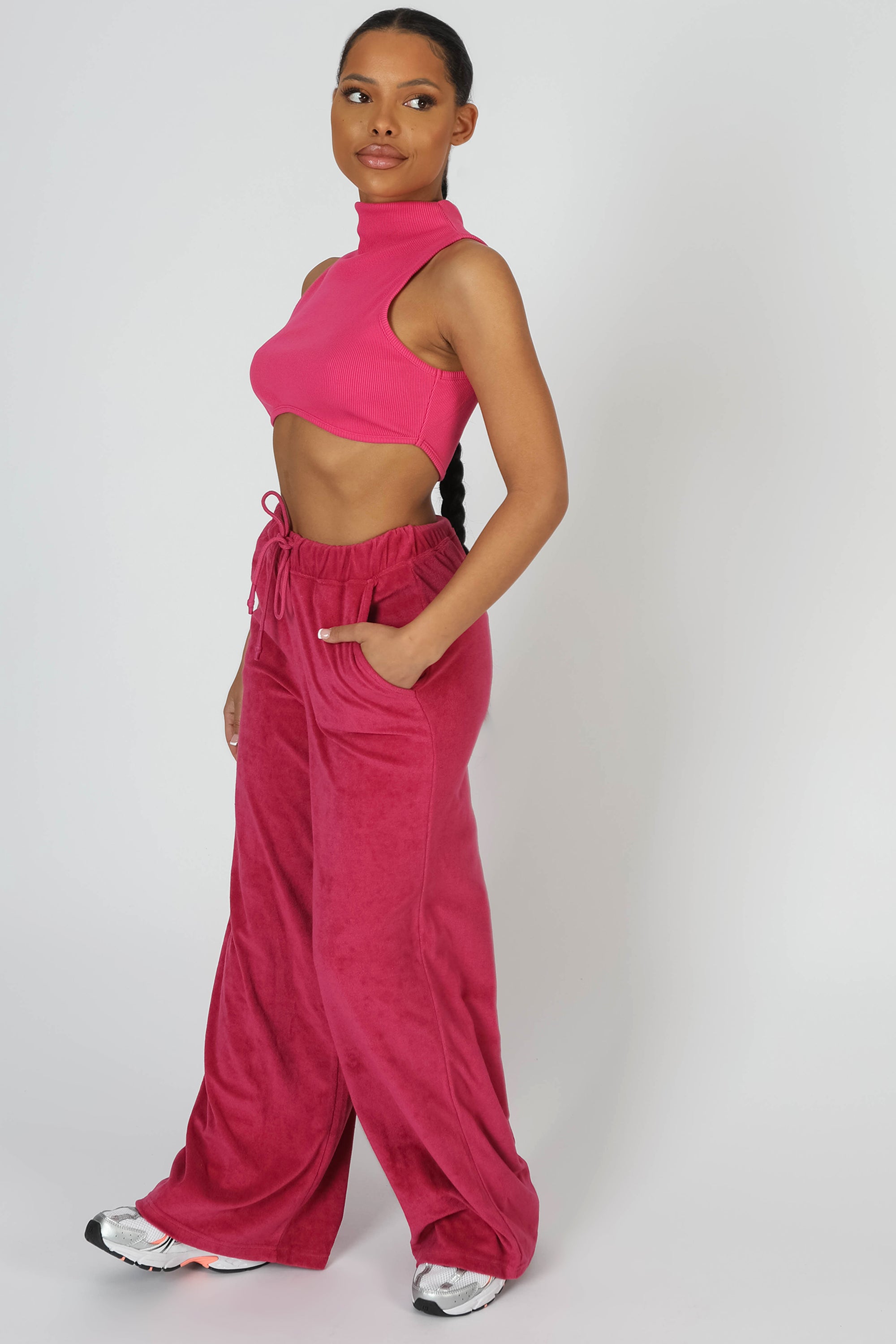 High Neck Underbust Ribbed Crop Top Pink