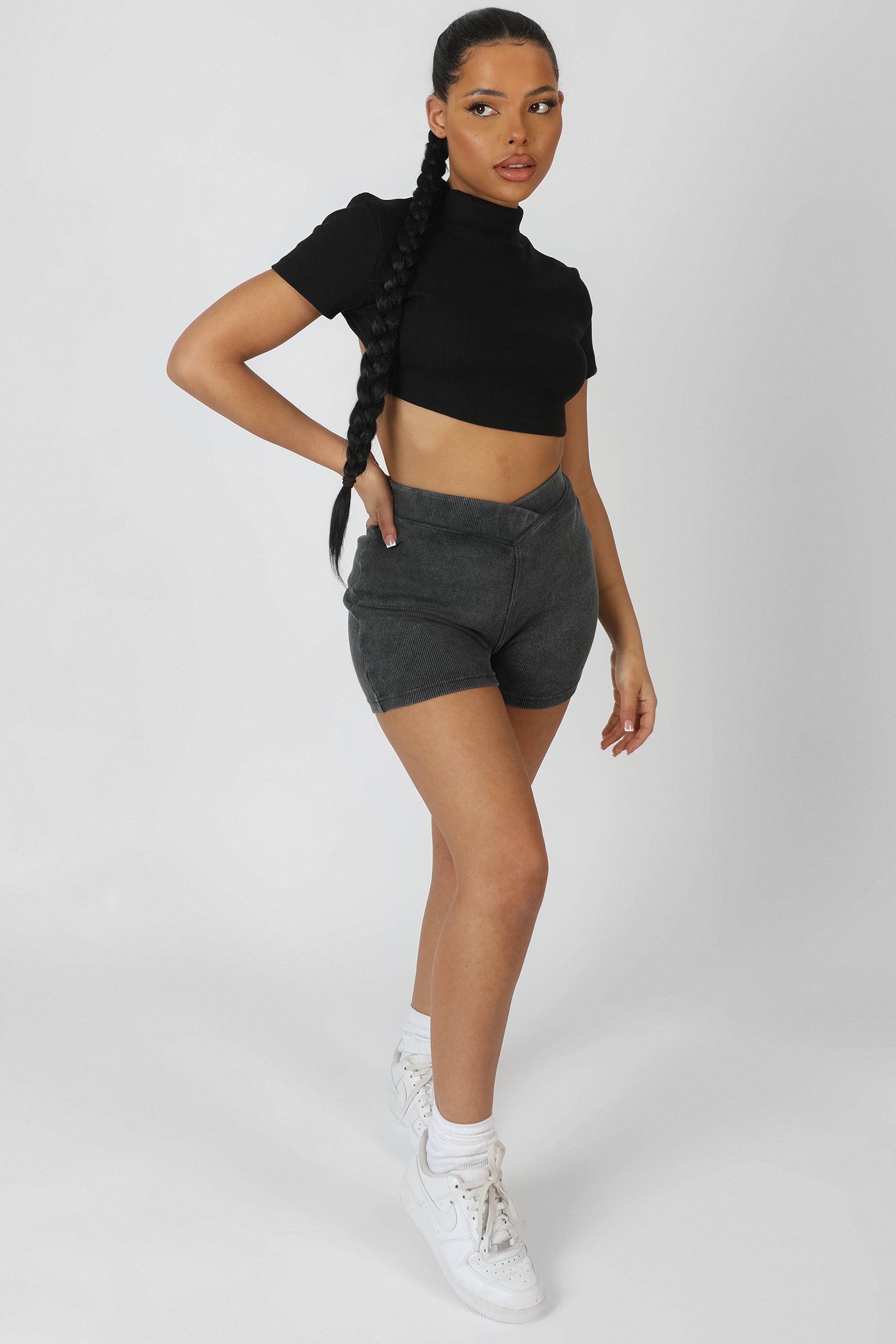 High Neck Tie Back Crop Top Black